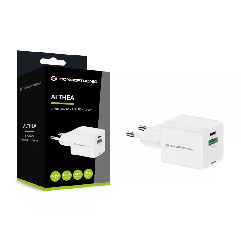 Conceptronic 2 prievadų 20W GaN USB PD įkroviklis, USB-C x 1, USB-A x 1, QC 3.0, PPS