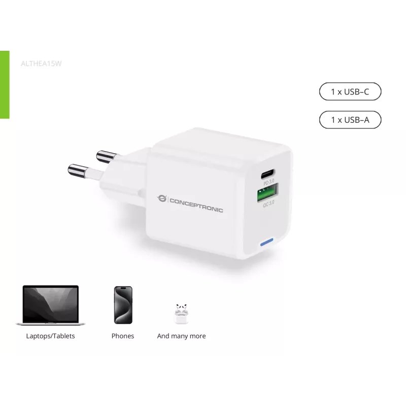 Conceptronic 2 prievadų 20W GaN USB PD įkroviklis, USB-C x 1, USB-A x 1, QC 3.0, PPS