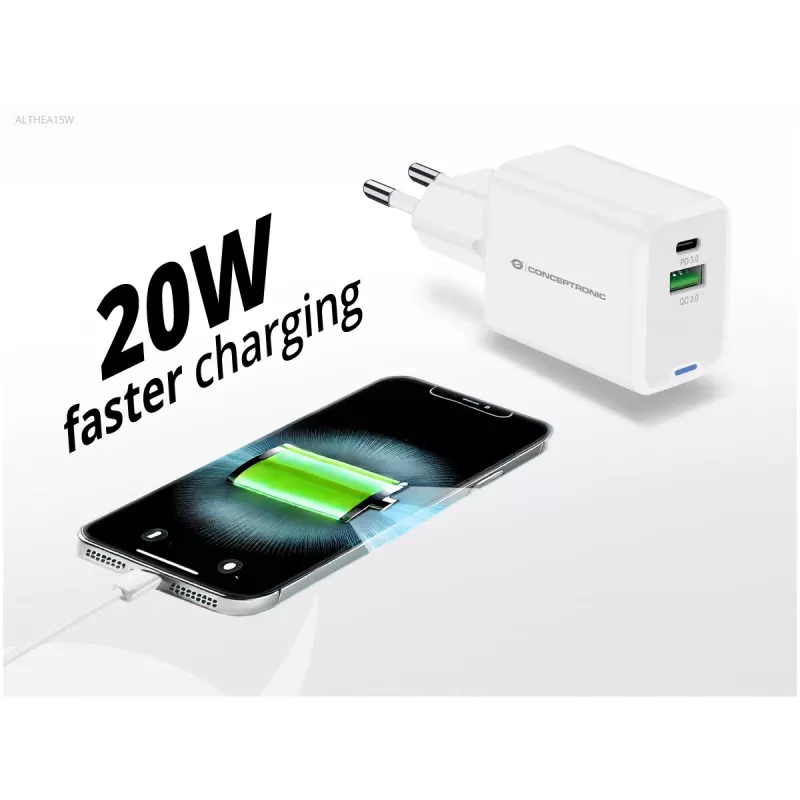 Conceptronic 2 prievadų 20W GaN USB PD įkroviklis, USB-C x 1, USB-A x 1, QC 3.0, PPS