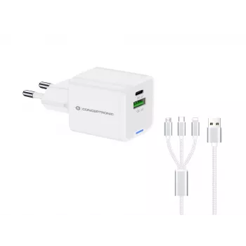 Conceptronic 2 prievadų 33 W GaN USB PD įkroviklis su 3-in-1 įkrovimo kabeliu, USB-C x 1, USB-A x 1, QC 3.0, PPS