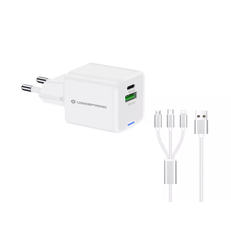 Conceptronic 2 prievadų 33 W GaN USB PD įkroviklis su 3-in-1 įkrovimo kabeliu, USB-C x 1, USB-A x 1, QC 3.0, PPS