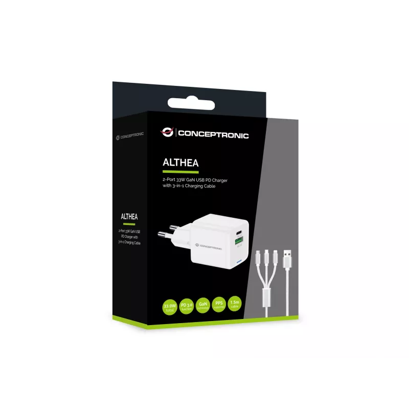 Conceptronic 2 prievadų 33 W GaN USB PD įkroviklis su 3-in-1 įkrovimo kabeliu, USB-C x 1, USB-A x 1, QC 3.0, PPS
