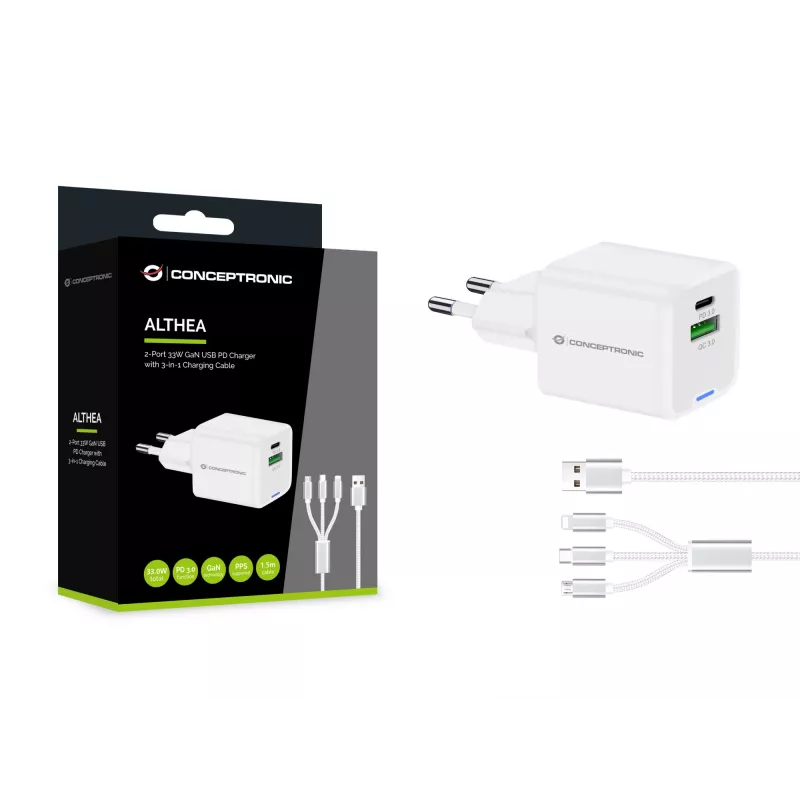 Conceptronic 2 prievadų 33 W GaN USB PD įkroviklis su 3-in-1 įkrovimo kabeliu, USB-C x 1, USB-A x 1, QC 3.0, PPS
