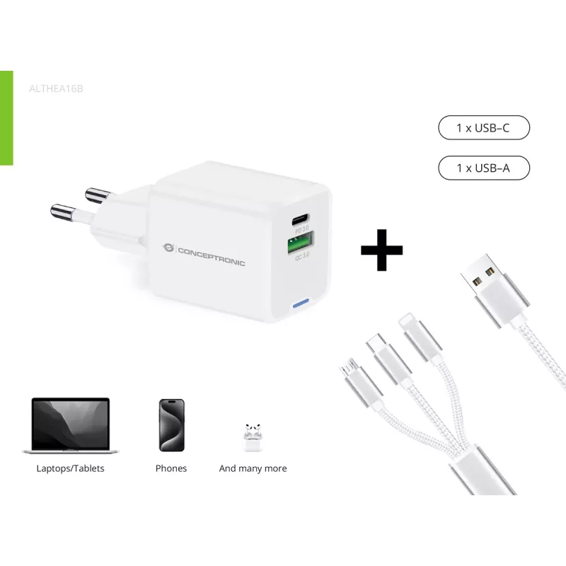 Conceptronic 2 prievadų 33 W GaN USB PD įkroviklis su 3-in-1 įkrovimo kabeliu, USB-C x 1, USB-A x 1, QC 3.0, PPS