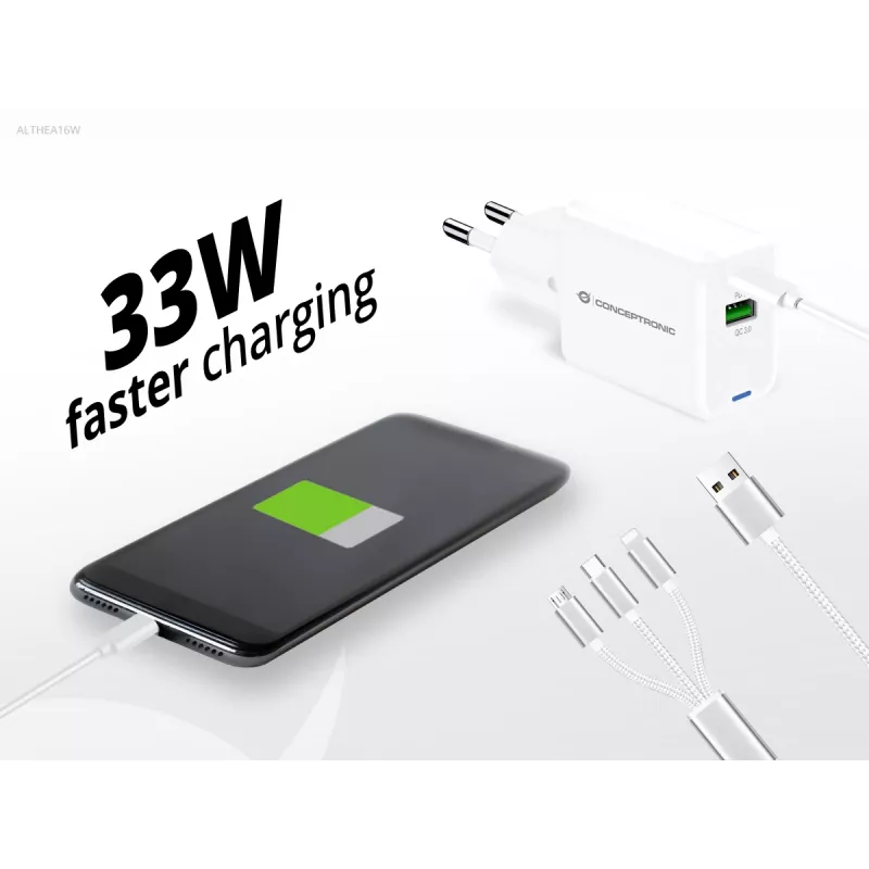 Conceptronic 2 prievadų 33 W GaN USB PD įkroviklis su 3-in-1 įkrovimo kabeliu, USB-C x 1, USB-A x 1, QC 3.0, PPS