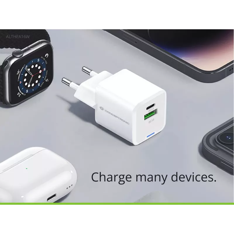 Conceptronic 2 prievadų 33 W GaN USB PD įkroviklis su 3-in-1 įkrovimo kabeliu, USB-C x 1, USB-A x 1, QC 3.0, PPS