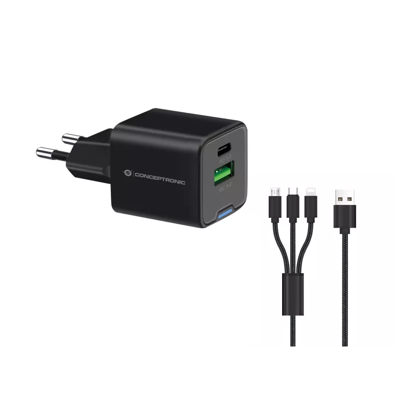Conceptronic 2 prievadų 33 W GaN USB PD įkroviklis su 3-in-1 įkrovimo kabeliu, ALTHEA16B