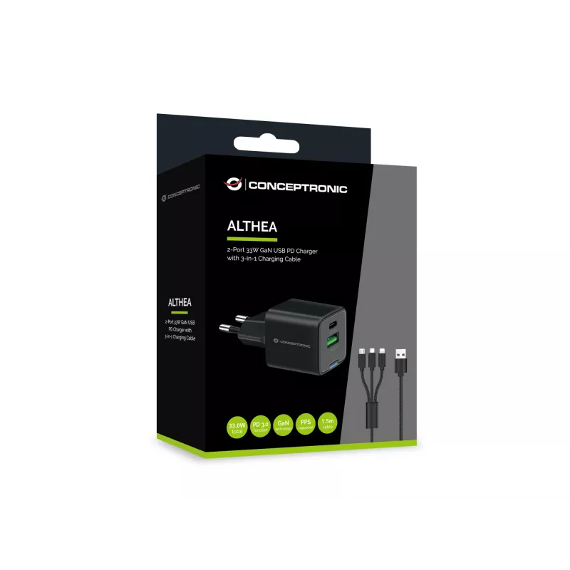 Conceptronic 2 prievadų 33 W GaN USB PD įkroviklis su 3-in-1 įkrovimo kabeliu, ALTHEA16B