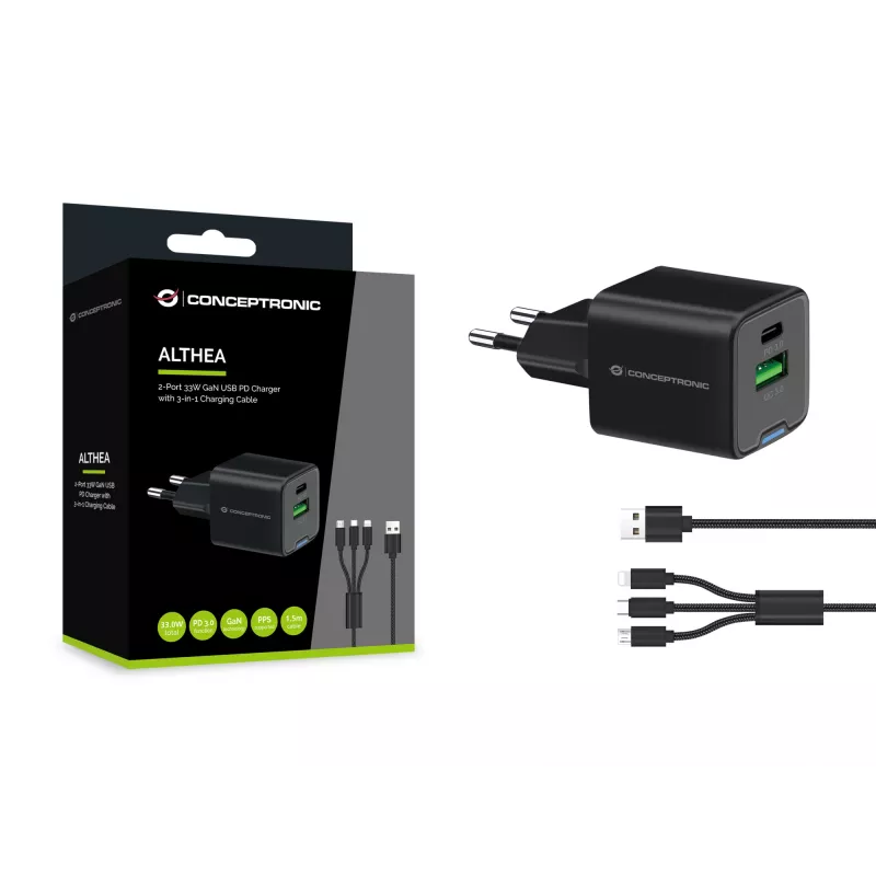 Conceptronic 2 prievadų 33 W GaN USB PD įkroviklis su 3-in-1 įkrovimo kabeliu, ALTHEA16B