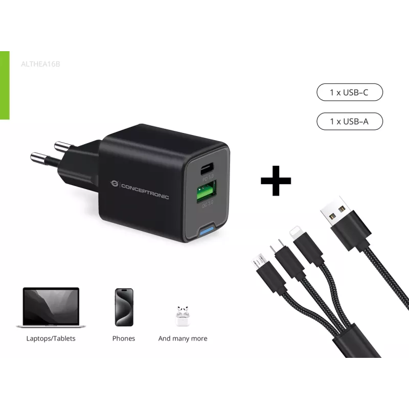 Conceptronic 2 prievadų 33 W GaN USB PD įkroviklis su 3-in-1 įkrovimo kabeliu, ALTHEA16B