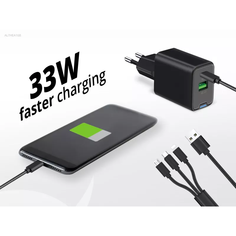 Conceptronic 2 prievadų 33 W GaN USB PD įkroviklis su 3-in-1 įkrovimo kabeliu, ALTHEA16B