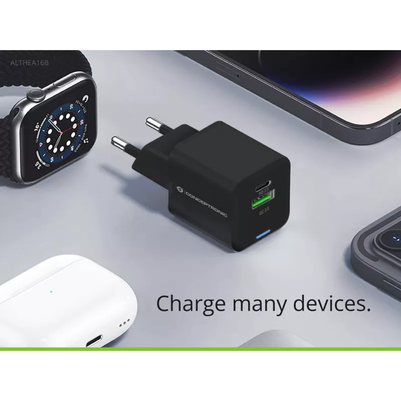 Conceptronic 2 prievadų 33 W GaN USB PD įkroviklis su 3-in-1 įkrovimo kabeliu, ALTHEA16B