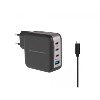 Conceptronic 4 prievadų 100 W GaN USB PD įkroviklis su USB-C įkrovimo laidu, USB-C x 3, USB-A x 1, QC 3.0, PPS