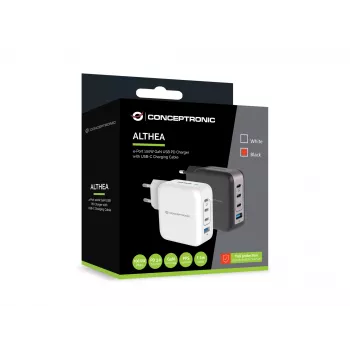 Conceptronic 4 prievadų 100 W GaN USB PD įkroviklis su USB-C įkrovimo laidu, USB-C x 3, USB-A x 1, QC 3.0, PPS