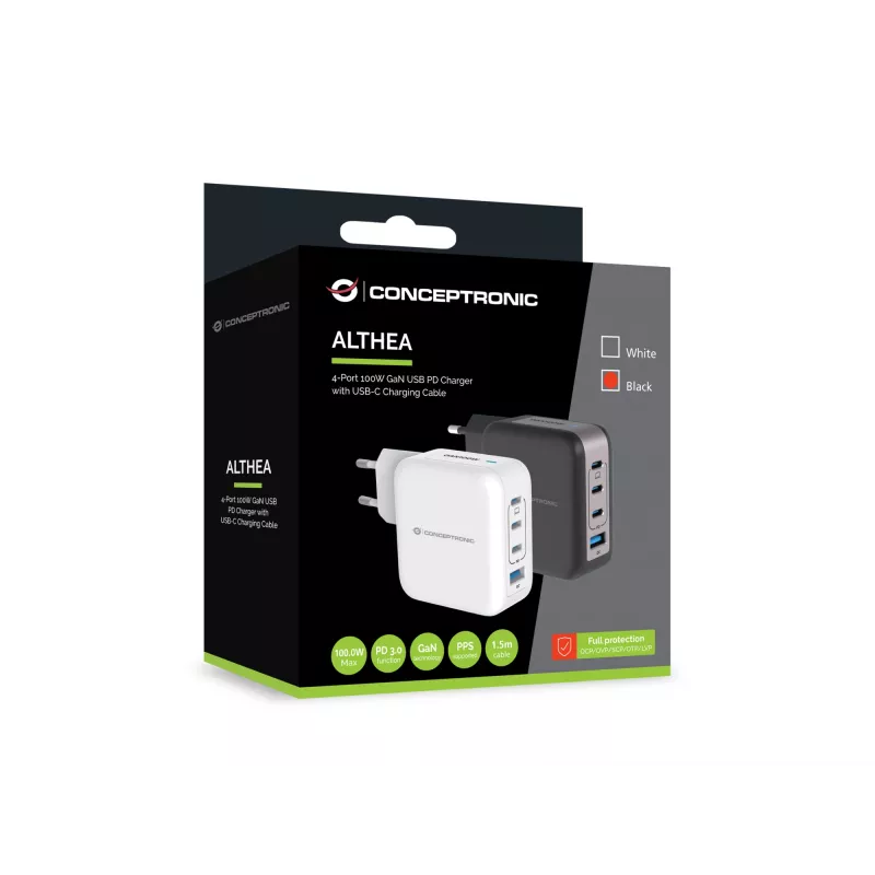 Conceptronic 4 prievadų 100 W GaN USB PD įkroviklis su USB-C įkrovimo laidu, USB-C x 3, USB-A x 1, QC 3.0, PPS
