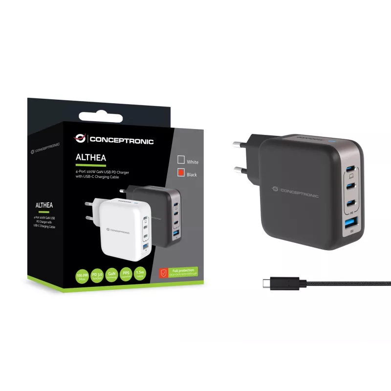 Conceptronic 4 prievadų 100 W GaN USB PD įkroviklis su USB-C įkrovimo laidu, USB-C x 3, USB-A x 1, QC 3.0, PPS