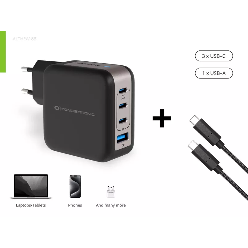 Conceptronic 4 prievadų 100 W GaN USB PD įkroviklis su USB-C įkrovimo laidu, USB-C x 3, USB-A x 1, QC 3.0, PPS