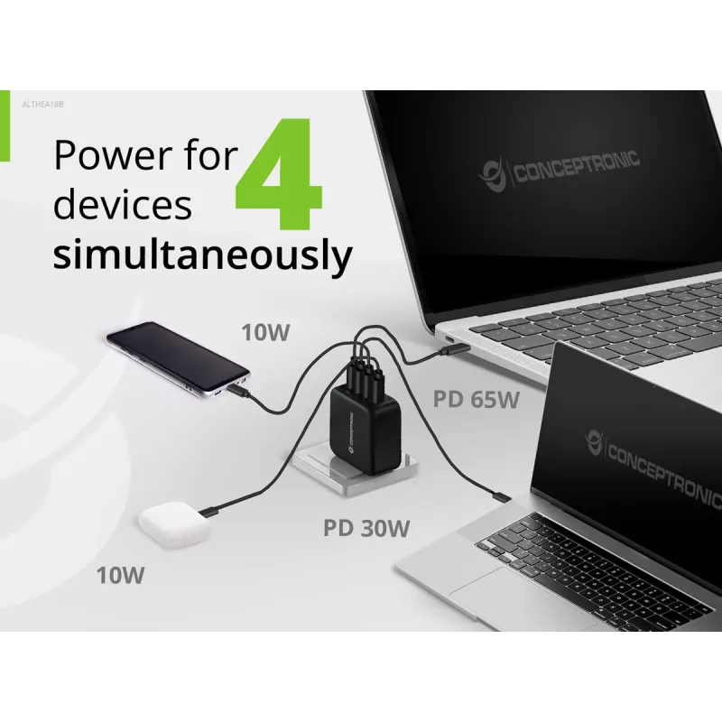Conceptronic 4 prievadų 100 W GaN USB PD įkroviklis su USB-C įkrovimo laidu, USB-C x 3, USB-A x 1, QC 3.0, PPS