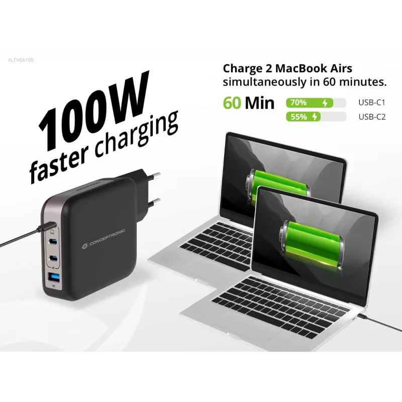 Conceptronic 4 prievadų 100 W GaN USB PD įkroviklis su USB-C įkrovimo laidu, USB-C x 3, USB-A x 1, QC 3.0, PPS