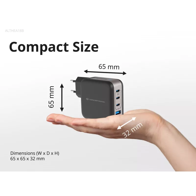 Conceptronic 4 prievadų 100 W GaN USB PD įkroviklis su USB-C įkrovimo laidu, USB-C x 3, USB-A x 1, QC 3.0, PPS