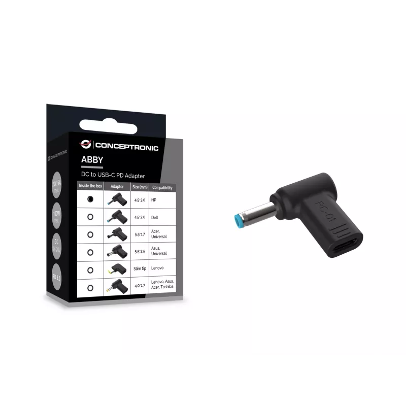 Conceptronic ABBY15PC01 nuolatinės srovės į USB-C adapteris, HP 4,5x3,0 mm, 18–20 V