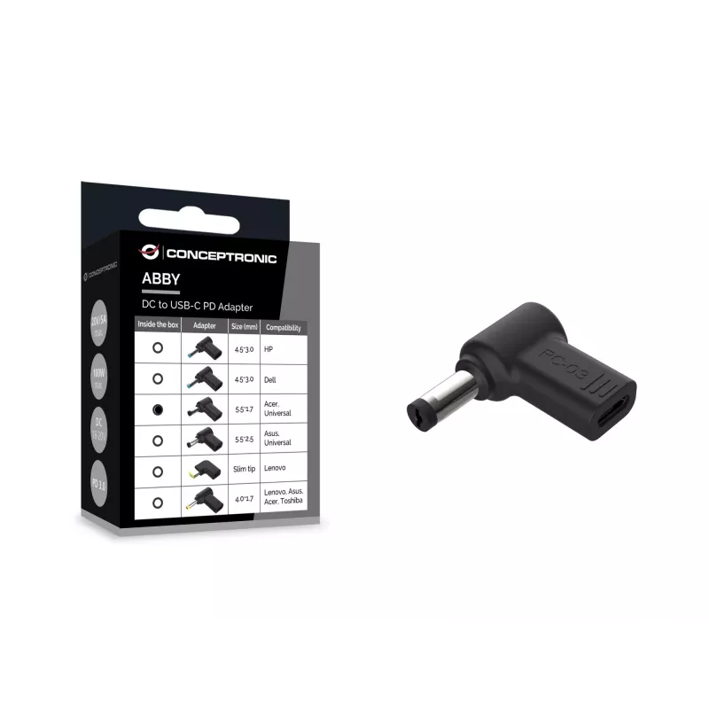 Conceptronic ABBY15PC03 nuolatinės srovės į USB-C adapteris, Acer/Universal 5,5x1,7mm, 18-20V