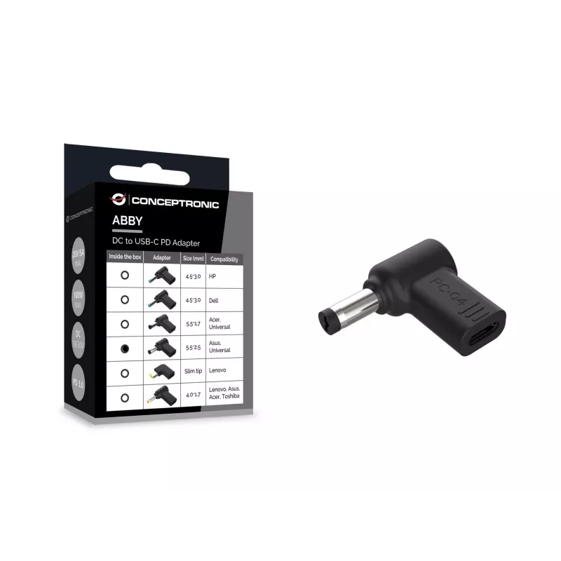 „Conceptronic ABBY15PC04“ DC į USB-C adapteris, Asus / universalus 5,5 x 2,5 mm, 18–20 V