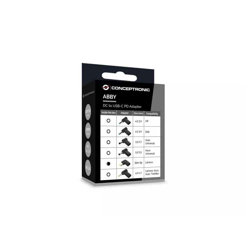 Conceptronic ABBY15PC05 nuolatinės srovės į USB-C adapteris, Lenovo plonas antgalis, 18-20 V