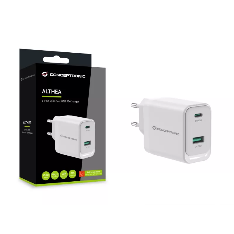 Conceptronic ALTHEA20W45 2 prievadų 45W GaN USB PD įkroviklis, USB-C x 1, USB-A x 1, QC 3.0, PPS, PD 3.0