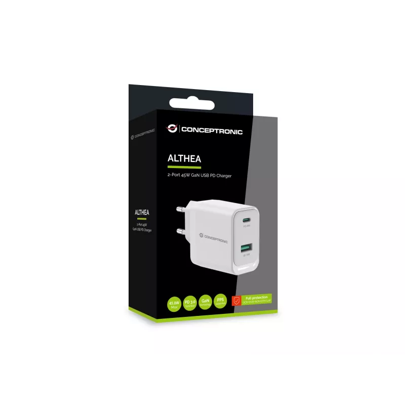 Conceptronic ALTHEA20W45 2 prievadų 45W GaN USB PD įkroviklis, USB-C x 1, USB-A x 1, QC 3.0, PPS, PD 3.0