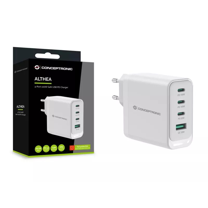Conceptronic ALTHEA22W100 4 prievadų 100W GaN USB PD įkroviklis, USB-C x 3, USB-A x 1, QC 3.0, PPS, PD 3.0