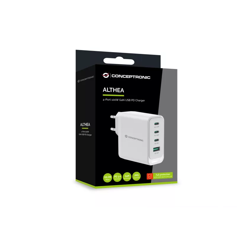 Conceptronic ALTHEA22W100 4 prievadų 100W GaN USB PD įkroviklis, USB-C x 3, USB-A x 1, QC 3.0, PPS, PD 3.0