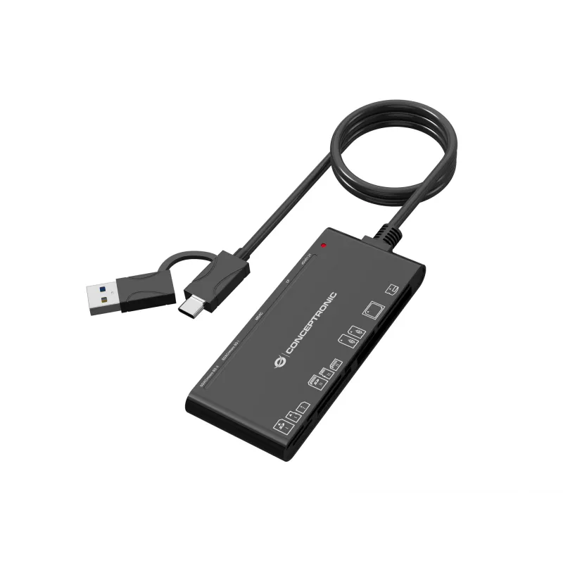 7-in-1 kortelių skaitytuvas CONCEPTRONIC BIAN10B — USB 3.2 Gen 1 Type-A/Type-C, CF/MMC/MS/SD/MicroSD/xD, juodas