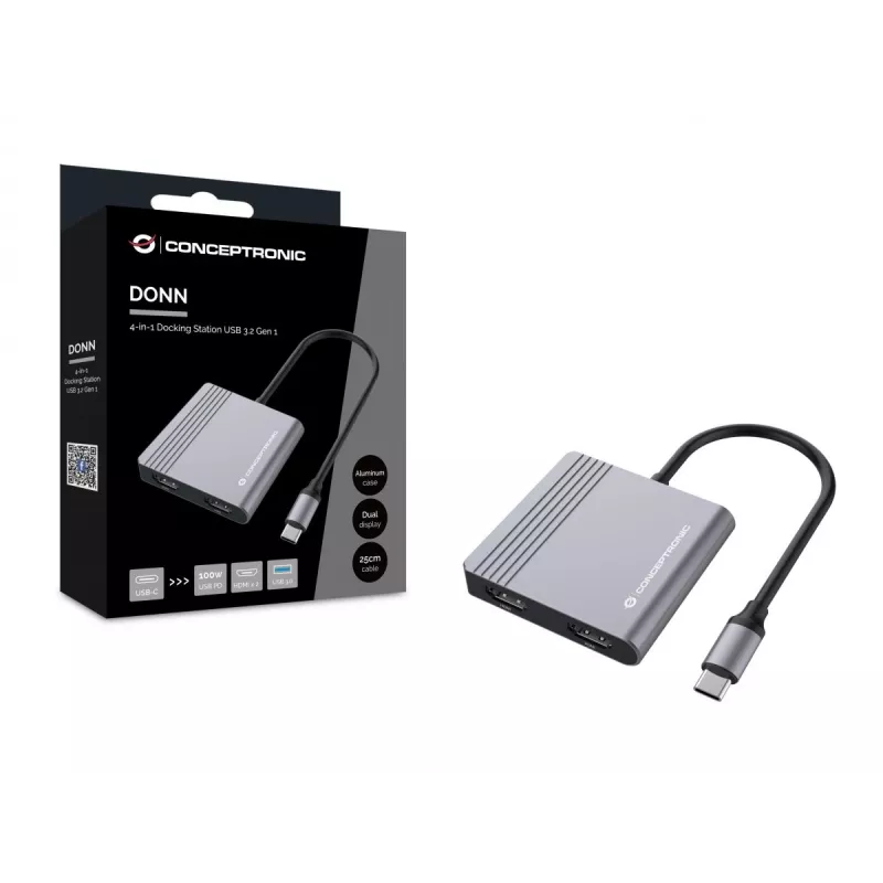 Conceptronic DONN13G nešiojamojo kompiuterio dokas / prievado replikatorius Laidinis USB 3.2 Gen 1 (3.1 Gen 1) Type-C Pilka