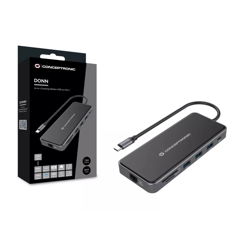 Conceptronic DONN15G nešiojamojo kompiuterio dokas / prievado replikatorius, laidinis, USB 3.2 Gen 1 (3.1 Gen 1) Type-C, pilkas