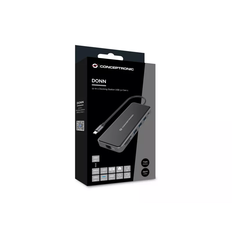Conceptronic DONN15G nešiojamojo kompiuterio dokas / prievado replikatorius, laidinis, USB 3.2 Gen 1 (3.1 Gen 1) Type-C, pilkas