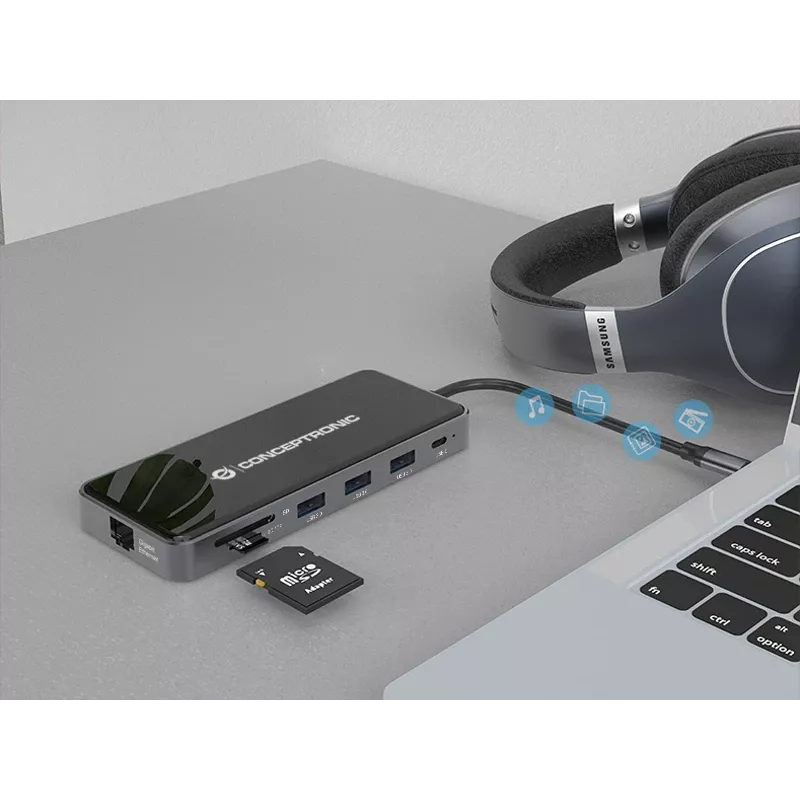 Conceptronic DONN15G nešiojamojo kompiuterio dokas / prievado replikatorius, laidinis, USB 3.2 Gen 1 (3.1 Gen 1) Type-C, pilkas