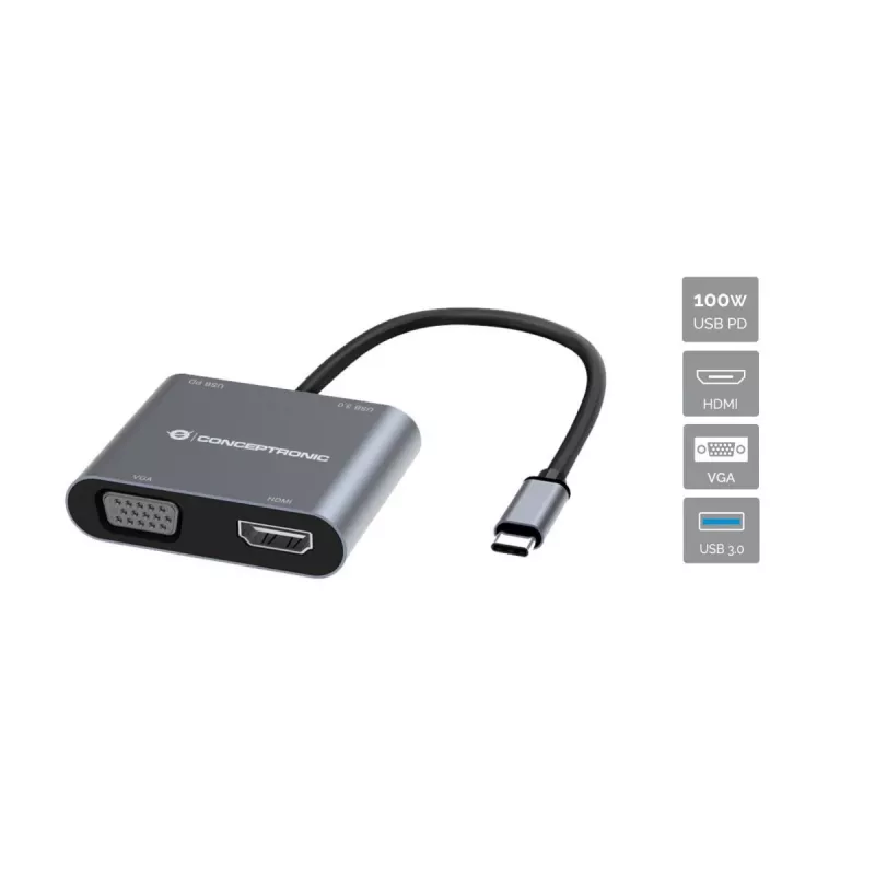 Conceptronic DONN16G Laidinis USB 3.2 Gen 1 Type-C pilkos spalvos 100W 4K Ultra HD