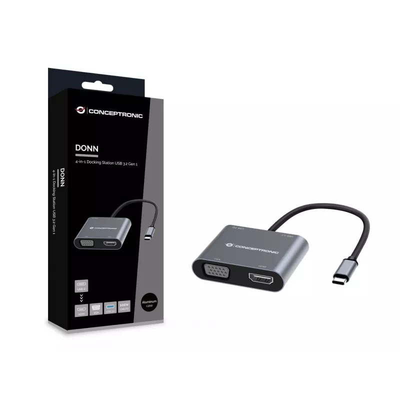 Conceptronic DONN16G Laidinis USB 3.2 Gen 1 Type-C pilkos spalvos 100W 4K Ultra HD