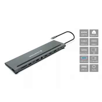 „Conceptronic DONN17G“ nešiojamojo kompiuterio dokas / prievado atkartotuvas laidinis USB 3.2 Gen 1 (3.1 Gen 1) Type-C pilkas