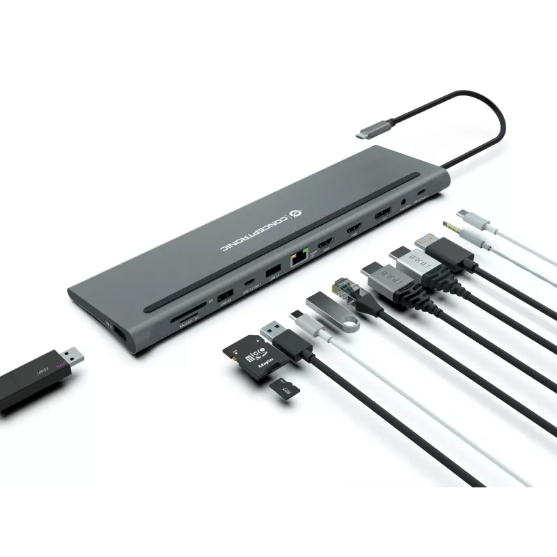 „Conceptronic DONN17G“ nešiojamojo kompiuterio dokas / prievado atkartotuvas laidinis USB 3.2 Gen 1 (3.1 Gen 1) Type-C pilkas