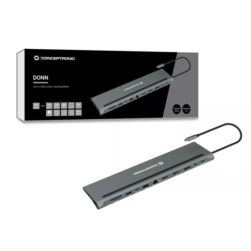 „Conceptronic DONN17G“ nešiojamojo kompiuterio dokas / prievado atkartotuvas laidinis USB 3.2 Gen 1 (3.1 Gen 1) Type-C pilkas