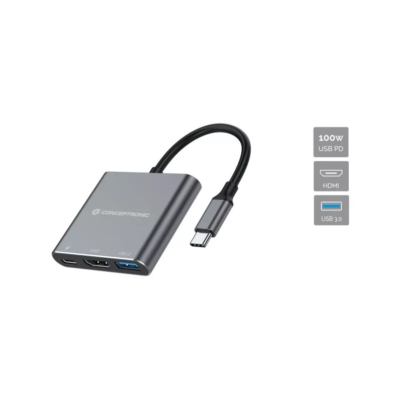 Conceptronic DONN18G 3-in-1 USB 3.2 Gen 1 dokų stotelė, HDMI, USB 3.0, 100 W USB PD