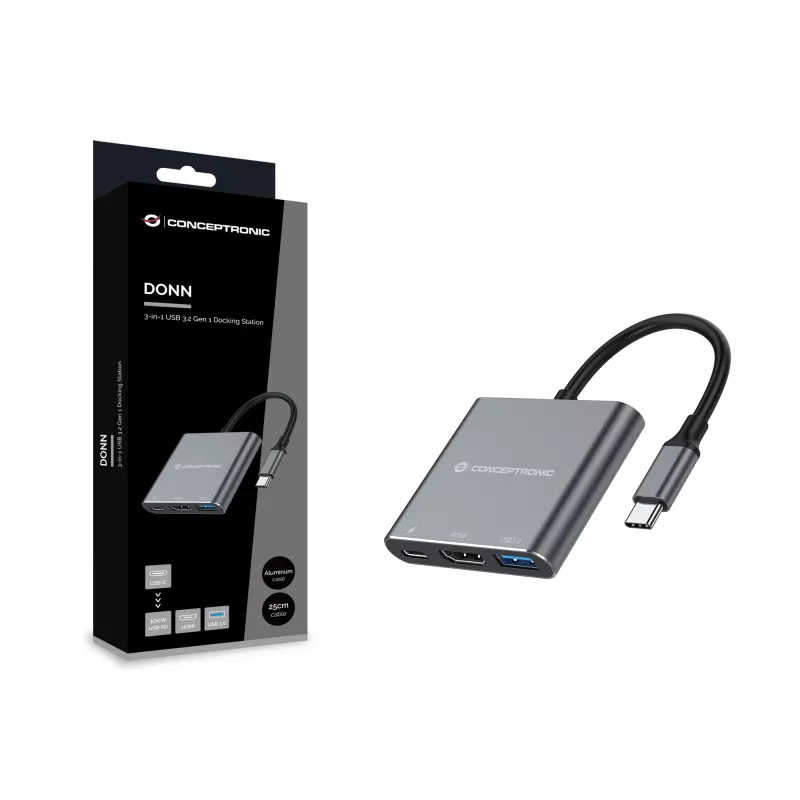 Conceptronic DONN18G 3-in-1 USB 3.2 Gen 1 dokų stotelė, HDMI, USB 3.0, 100 W USB PD