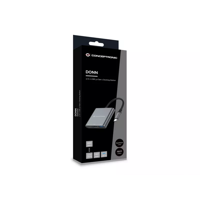 Conceptronic DONN18G 3-in-1 USB 3.2 Gen 1 dokų stotelė, HDMI, USB 3.0, 100 W USB PD