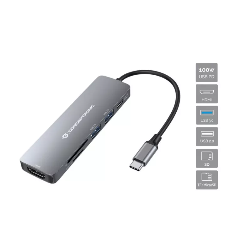Conceptronic DONN11G 6-in-1 USB 3.2 Gen 1 Dokinimo stotelė, HDMI, 100W USB PD, USB 3.0, USB 2.0, SD, TF/MicroSD