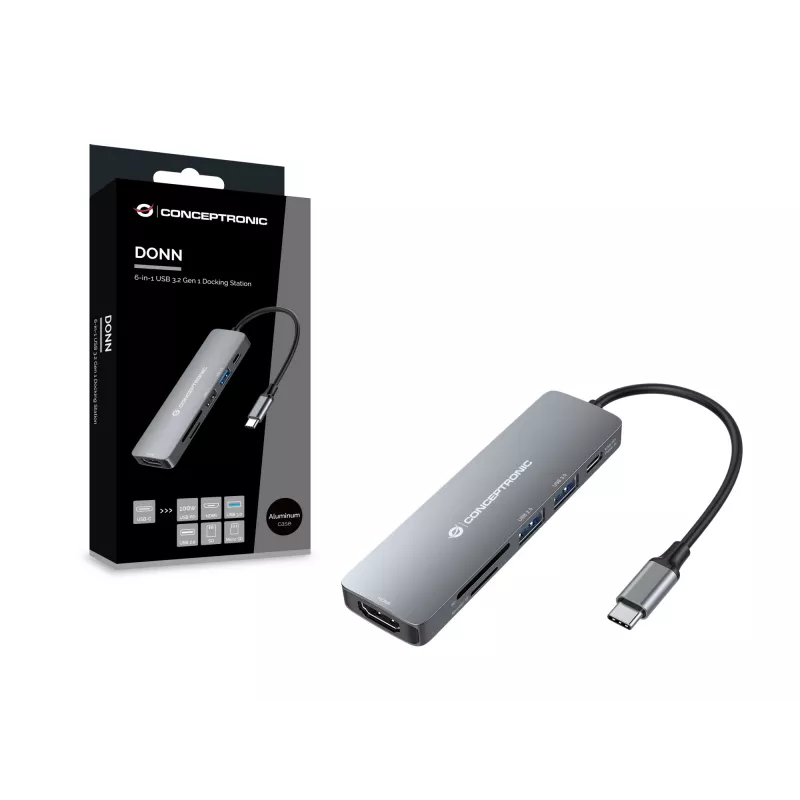 Conceptronic DONN11G 6-in-1 USB 3.2 Gen 1 Dokinimo stotelė, HDMI, 100W USB PD, USB 3.0, USB 2.0, SD, TF/MicroSD