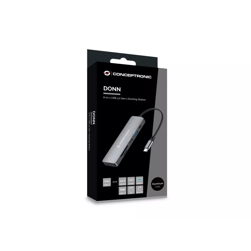 Conceptronic DONN11G 6-in-1 USB 3.2 Gen 1 Dokinimo stotelė, HDMI, 100W USB PD, USB 3.0, USB 2.0, SD, TF/MicroSD