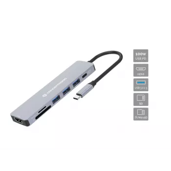Conceptronic DONN19G 7-i-1 USB 3.2 Gen 1 dokinė stotelė, HDMI, USB-A 3.0 x 3, SD, TF/MicroSD, 100 W USB PD