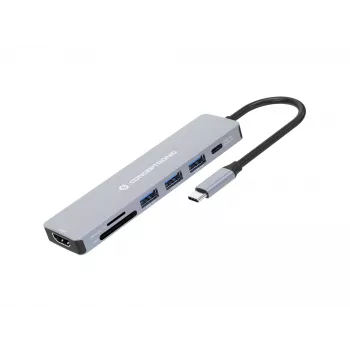 Conceptronic DONN19G 7-i-1 USB 3.2 Gen 1 dokinė stotelė, HDMI, USB-A 3.0 x 3, SD, TF/MicroSD, 100 W USB PD